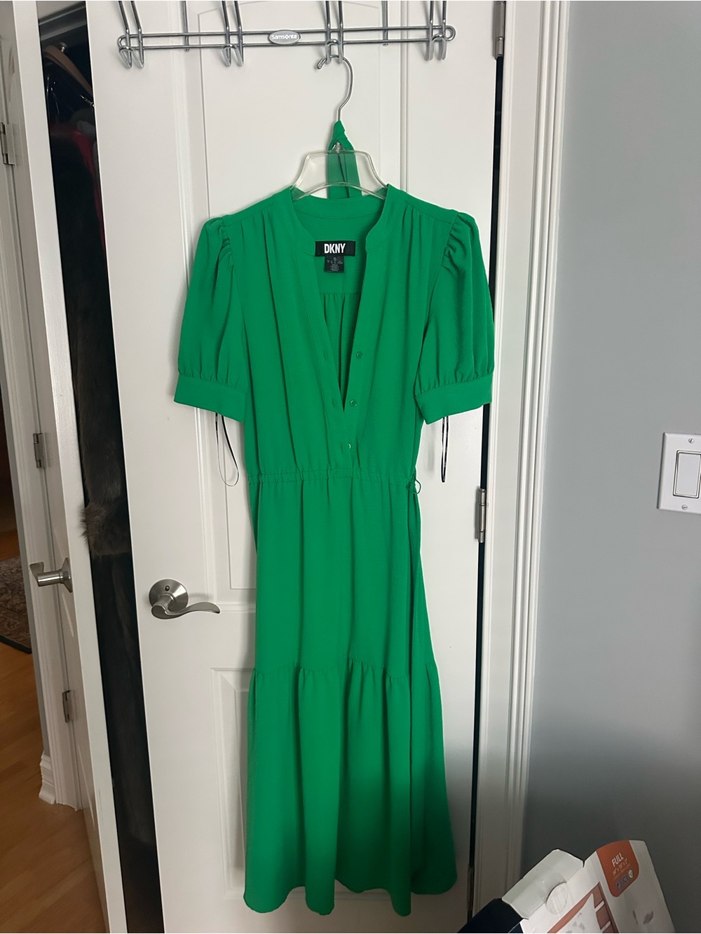 DKNY Emerald Green Midi Dress with Puff Sleeves